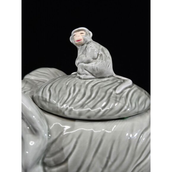 Elephant-Themed Ceramic Teapot With Monkey Lid In Glossy Gray Finish - Picture 4 of 10